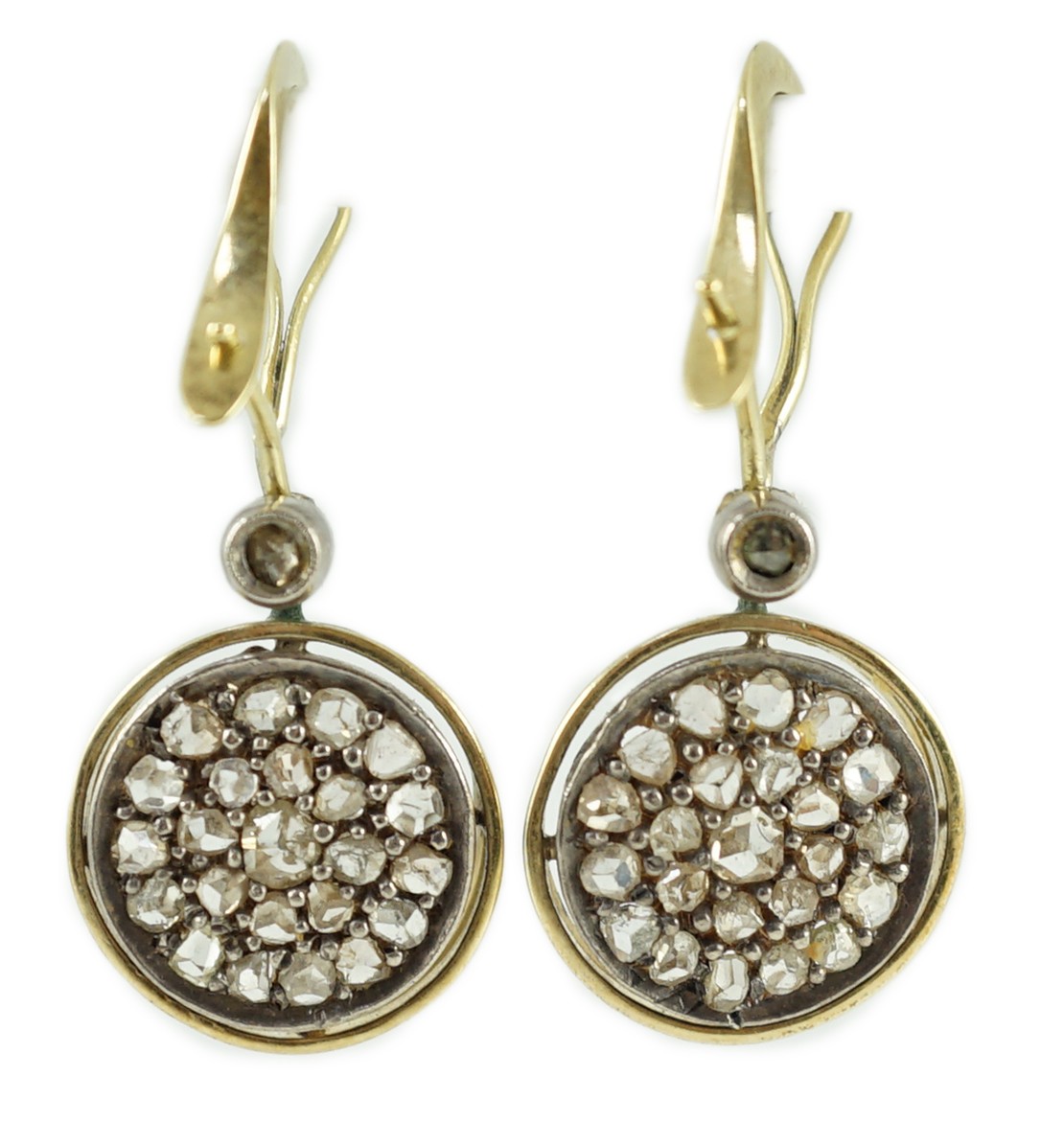 A pair of gold and rose cut diamond cluster set target drop earrings